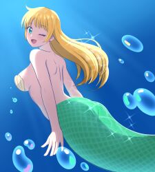  absurdres air_bubble ass back bikini blonde_hair breasts bubble commentary_request commission earrings female from_behind green_eyes green_tail highres jewelry kiria021 large_breasts long_hair looking_at_viewer looking_back mermaid monster_girl original pixiv_commission scales shell shell_bikini solo swimming swimsuit underwater 
