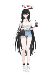  absurdres alternate_costume bag black_hair black_halo black_socks blue_archive blue_shorts blush bra_strap breasts bright_pupils camisole cleavage closed_mouth commentary cup denim denim_shorts disposable_cup female full_body hair_ornament hairpin halo handbag highres holding holding_cup holding_phone hwa_n01 large_breasts long_hair looking_at_viewer phone red_eyes rio_(blue_archive) shoes shorts simple_background socks solo spaghetti_strap standing thighs very_long_hair white_background white_camisole white_pupils white_shoes 