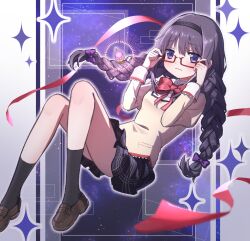  akemi_homura black_hair black_thighhighs blush bow braid closed_mouth female glasses hair_between_eyes hairbow highres long_hair mahou_shoujo_madoka_magica mahou_shoujo_madoka_magica_(anime) mimoza94581050 purple_eyes red-framed_eyewear school_uniform shoes skirt solo thighhighs twin_braids twintails 