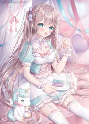  :d apron balloon blush bow breasts brown_hair cake cake_slice cleavage commentary_request dress feet_out_of_frame female food fork frilled_dress frilled_thighhighs frills garter_straps green_bow green_dress green_eyes hair_between_eyes hairbow heart_balloon highres holding holding_fork holding_plate kohinata_hoshimi long_hair looking_at_viewer medium_breasts original pink_bow plate puffy_short_sleeves puffy_sleeves purple_bow short_sleeves sitting smile solo stuffed_unicorn thighhighs two_side_up very_long_hair waist_apron white_apron white_thighhighs 