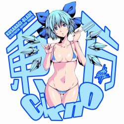  bikini blue_bikini blue_eyes blue_hair breasts cirno commentary_request female highres ice ice_wings looking_at_viewer navel short_hair small_breasts solo swimsuit thigh_gap touhou wings yamada_satoshi 