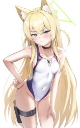  absurdres animal_ear_fluff animal_ears belt black_choker blonde_hair blue_archive blush breasts choker closed_mouth commentary_request covered_navel cowboy_shot female fox_ears fox_girl green_eyes green_halo halo highres kuromiz kurumi_(blue_archive) long_hair long_sidelocks looking_at_viewer one-piece_swimsuit sidelocks simple_background small_breasts solo swimsuit thigh_belt thigh_strap triangle_halo two-tone_one-piece_swimsuit very_long_hair white_background 