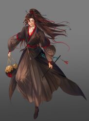 1boy absurdres ahoge bite_mark black_boots black_hair black_hanfu blush boots brown_hair chinese_clothes collarbone dizi floating_hair flute flute_tassel full_body gradient_background grey_background hair_ribbon half-closed_eyes hanfu hickey high_ponytail highres holding holding_flute holding_instrument holding_jug implied_yaoi instrument jug_(bottle) korean_commentary long_hair long_sleeves looking_down male_focus modao_zushi niken_(niken_ouo) parted_lips ponytail purple_eyes red_eyes red_ribbon ribbon robe sash simple_background smile solo standing tassel transverse_flute wei_wuxian wide_sleeves yaopei 
