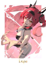  absurdres armor bare_shoulders black_bow bodysuit bow breastplate breasts character_name collar commentary female fingernails hairband hairbow hand_up headgear highres long_hair looking_at_viewer lupa_(wuthering_waves) medium_breasts metal_collar metal_hairband multiple_hair_bows nail_polish nekoten_(pixiv_50710337) pink_nails red_hair red_pupils smile solo tacet_mark_(wuthering_waves) white_bodysuit wuthering_waves yellow_eyes zoom_layer 