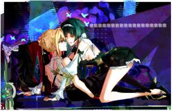  2girls absurdres artist_name astra_yao black_dress black_pants black_shoes blonde_hair braid braided_bun commentary dress evelyn_chevalier eye_contact green_hair hair_bun high_heels highres long_hair looking_at_another multiple_girls pants parted_lips purple_eyes red_eyes shirt shoes sleeveless sleeveless_shirt smile straddling white_shirt yuri zahauku zenless_zone_zero 