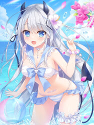  ameto_yuki ball bandeau beachball bikini blue_eyes blush bracelet breasts choker cleavage demon_girl demon_horns demon_tail female flower grey_hair hair_flower hair_ornament hair_ribbon horns jewelry large_breasts long_hair looking_at_viewer open_mouth original outdoors ribbon smile solo swimsuit tail thighlet very_long_hair watermark 