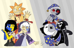  2023 5_fingers alternate_form animatronic armless arms_bent black_body black_bottomwear black_clothing black_eyes black_pants blue_body blue_bottomwear blue_clothing blue_hat blue_headwear blue_jumpsuit blue_pants blue_skin bottomwear brown_dress_shirt button_(fastener) chris-thekid closed_smile clothed clothed_female clothed_humanoid clothing collector crossover daycare_attendant_(fnaf) digital_creature digital_drawing_(artwork) digital_media_(artwork) disney ena:_dream_bbq ena_(dream_bbq) ena_(series) ena_(species) english_description eyebrows female female_humanoid fingers five_nights_at_freddy&#039;s five_nights_at_freddy&#039;s:_security_breach freckled_face freckles fully_clothed fully_clothed_female fully_clothed_humanoid grey_background grey_body group hair hands_together hat headgear headwear hi_res humanoid legless machine male male_humanoid medium_hair moon_(fnaf) moony_(ena) mouth_closed multicolored_body multicolored_skin multiple_scenes no_eyebrows not_furry open_mouth open_smile orange_body pants pink_tongue pointy_nose red_eyes red_sash red_sclera red_wristband robot scottgames shadow_creature short_hair shush signature simple_background smile smiling_at_another steel_wool_studios sun_(fnaf) suspenders the_collector_(the_owl_house) the_owl_house tongue tongue_out toothy_smile trio two_tone_body two_tone_skin white_body white_eyebrows white_eyes white_hair white_mouth yellow_background yellow_sclera 