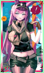 ! 360_(taiyo360) absurdres animal_ears arknights black_shirt black_shorts breasts brown_gloves brown_vest cowboy_shot cropped_vest female gloves hand_up headlamp highres jacket long_hair looking_at_viewer navel pantyhose pantyhose_under_shorts parted_lips purple_eyes purple_hair ray_(arknights) shirt short_shorts short_sleeves shorts solo vest visor_cap 