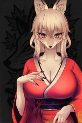  animal_ears black_nails blonde_hair blush breasts check_commentary cleavage closed_mouth collarbone commentary_request female fox_ears furry hair_between_eyes highres huge_breasts japanese_clothes keno(keno_ch) kimono long_sleeves looking_at_viewer obi original red_kimono sash solo wide_sleeves yellow_eyes 