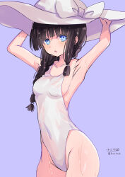  absurdres armpits arms_up black_hair blue_eyes blunt_bangs braid breasts cowboy_shot female grey_background hair_over_shoulder hat highleg highleg_one-piece_swimsuit highres hizaka kantai_collection kitakami_(kancolle) long_hair one-hour_drawing_challenge one-piece_swimsuit simple_background single_braid small_breasts solo sun_hat swimsuit wet white_hat white_one-piece_swimsuit 