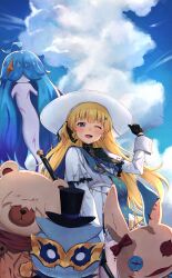  absurdres black_collar black_gloves black_skirt blonde_hair blue_eyes blue_sash blue_sky collar commentary day female gloves hat highres holding holding_staff kryto_arts long_hair one_eye_closed open_mouth outdoors pantyhose phoebe_(wuthering_waves) sash shirt skirt sky smile solo staff tacet_discord_(wuthering_waves) tacet_mark_(wuthering_waves) white_hat white_pantyhose white_shirt white_skirt wuthering_waves 