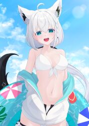  absurdres ahoge animal_ear_fluff animal_ear_piercing animal_ears arms_behind_back bikini blue_sky blush braid breasts cleavage cloud collarbone female fox_ears fox_girl fox_tail green_eyes gunknown hair_between_eyes halterneck highres hololive innertube jacket large_breasts long_hair navel o-ring o-ring_top open_clothes open_jacket open_mouth pentagram shirakami_fubuki side_braid sky smile solo stomach swim_ring swimsuit tail very_long_hair virtual_youtuber white_bikini white_hair white_jacket 