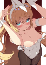  animal_ears arms_up artoria_caster_(fate) artoria_pendragon_(fate) bare_arms bare_shoulders black_pantyhose blonde_hair blush breasts brown_background collarbone covered_navel dress fake_animal_ears fake_tail fate/grand_order fate_(series) female full_body green_eyes hair_between_eyes highleg highres leotard long_hair looking_at_viewer medium_breasts off_shoulder pantyhose peisuto playboy_bunny rabbit_ears rabbit_tail side-tie_leotard simple_background smile solo standing strapless strapless_leotard tail twintails white_wrist_cuffs wrist_cuffs 