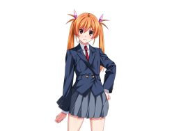  blazer brown_eyes buttons clenched_hand cowboy_shot female frown game_cg gentle_sasaki grey_skirt hair_ribbon hand_on_own_hip jacket large_variant_set long_hair long_sleeves looking_at_viewer necktie non-web_source official_art orange_eyes orange_hair pink_ribbon pleated_skirt red_necktie ribbon school_uniform shindou_hikari shirt skirt solo soukou_senki_prism_reica soukou_senki_prism_shine standing transparent_background twintails variant_set 