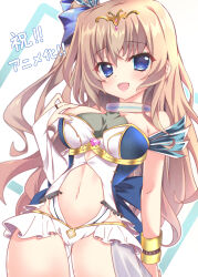  9-nine- :d absurdres arm_at_side bare_shoulders blue_bow blue_dress blue_eyes blush bow bracelet breasts bridal_gauntlets brown_hair clothing_cutout commentary_request cosplay cowboy_shot dress dutch_angle eyes_visible_through_hair female floating_hair hair_between_eyes hairbow hand_up highres jewelry kujou_miyako large_breasts long_hair looking_at_viewer navel navel_cutout official_alternate_costume one_side_up open_mouth short_dress simple_background single_bridal_gauntlet sleeveless sleeveless_dress smile solo stomach sukonbu385 tiara translation_request two-tone_dress very_long_hair white_background white_bridal_gauntlets white_dress 