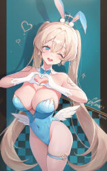 ;d absurdres aqua_background bare_shoulders blonde_hair blue_eyes blue_leotard breasts checkered_background cleavage covered_navel cowboy_shot feathered_wings female gloves hair_ornament heart heart_hands heart_o-ring highleg highleg_leotard highres large_breasts leotard long_hair looking_at_viewer low_wings o-ring o-ring_thigh_strap one_eye_closed open_mouth original skindentation smile solo strapless strapless_leotard thigh_strap thighs ttosom twintails white_gloves white_wings wings 