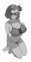  absurdres black_survival blue_hair blush breasts cleavage debi_(black_survival) eternal_return:_black_survival eyewear_on_head female full_body hair_bun hand_on_own_chest highres kneeling navel open_mouth panties short_hair simple_background single_side_bun smile solo sports_bra spot_color sunglasses underwear visor_cap white_background yep_(37004185) 