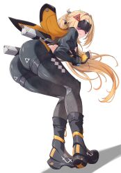  absurdres ass bent_over black_pants black_shoes black_shrug blindfold blonde_hair camouflage camouflage_pants closed_mouth commentary covered_eyes dutch_angle eye_mask female fingerless_gloves from_behind gloves glowing_mask highres long_hair pants ponytail shoes shrug_(clothing) smile solo tight_clothes tight_pants trigger_(zenless_zone_zero) vic_1223 white_background zenless_zone_zero 