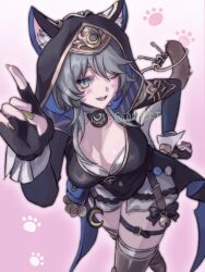  animal_ear_fluff animal_ears animal_hood black_gloves black_leotard blue_eyes breasts cat_ears cat_girl cat_hood cat_tail cipher_(honkai:_star_rail) cleavage commentary female fingerless_gloves gloves grey_hair highres holding holding_key holding_with_tail honkai:_star_rail honkai_(series) hood key l0ver_t_t large_breasts leotard mole mole_on_breast one_eye_closed paw_print paw_print_background pink_background prehensile_tail short_hair_with_long_locks shorts solo tail twitter_username white_shorts yellow_nails 