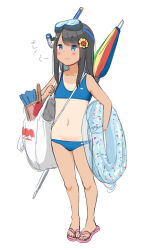  :3 bag beach_umbrella bikini black_hair blue_bikini blue_eyes check_translation diving_mask diving_mask_on_head dot_nose female flat_chest flower full_body goggles goggles_on_head hair_flower hair_ornament highres innertube long_hair navel original retsumaru sandals sidelocks simple_background smile snorkel solo standing sunflower sunflower_hair_ornament swim_ring swimsuit translation_request umbrella white_background 