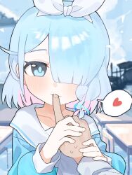 1boy arona_(blue_archive) blue_archive blue_eyes blue_hair chair desk female finger_sucking hair_over_one_eye heart highres licking licking_another&#039;s_finger licking_finger pov pov_hands sanso_aki school_chair school_desk spoken_heart straight 