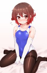  between_legs blush brown_eyes brown_hair competition_swimsuit elbow_gloves embarrassed female gloves highres kantai_collection looking_at_viewer mutsuki_(kancolle) one-piece_swimsuit pantyhose pantyhose_under_swimsuit red_hair short_hair sitting solo swimsuit zanne 