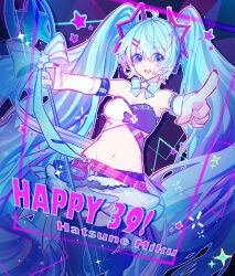  39 absurdres ahoge aqua_eyes aqua_hair black_thighhighs bow bowtie breasts character_name cleavage female hair_between_eyes hair_ornament hatsune_miku highres holding holding_wand idol idol_clothes long_hair medium_breasts midriff miku_day muse_dash navel official_alternate_costume official_alternate_hairstyle open_mouth pink_nails smile solo star_(symbol) star_hair_ornament stomach strapless thighhighs tube_top twintails vocaloid wand white_tube_top yiluedale 