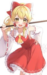  absurdres alternate_costume alternate_hairstyle ascot blonde_hair blush bow breasts commentary_request cosplay detached_sleeves female frilled_bow frilled_hair_tubes frilled_skirt frills gohei hair_tubes hairbow hakurei_reimu hakurei_reimu_(cosplay) hand_on_own_hip highres holding holding_gohei hot kirisame_marisa leaning_forward long_hair looking_at_viewer open_mouth ponytail red_bow red_skirt ribbon-trimmed_sleeves ribbon_trim skirt skirt_set smile solo sweat touhou wheat_retzel yellow_ascot yellow_eyes 
