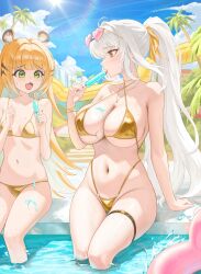  2girls absurdres ahoge animal_ear_fluff animal_ears arm_support bare_shoulders bikini blue_sky breasts cleavage colored_inner_hair commentary food gold_bikini green_eyes gundam gundam_build_fighters heart heart-shaped_eyewear heine_(haloo1101) highleg highleg_bikini highres holding holding_food holding_popsicle jewelry ju_fufu large_breasts licking long_hair looking_at_another melting_popsicle micro_bikini mole mole_on_breast mole_on_chest multicolored_fur multicolored_hair multiple_girls navel necklace o-ring o-ring_bikini oerba_yun_fang open_mouth outdoors palm_tree pink_innertube ponytail pool popsicle sitting sky small_breasts splashing striped_fur striped_hair swimsuit symbol-only_commentary tiger_ears tiger_girl tongue tongue_out tree underboob wading water white_hair yellow_eyes yin_yang_pin yixuan_(zenless_zone_zero) zenless_zone_zero 