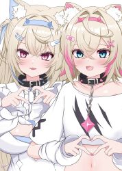  2girls absurdres animal_ear_fluff animal_ears bandaid bandaid_hair_ornament belt blonde_hair blue_eyes blue_hair blue_nails blush breasts collarbone dog_ears dog_girl fuwawa_abyssgard fuwawa_abyssgard_(1st_costume) hair_between_eyes hair_intakes hair_ornament hairclip headphones headphones_around_neck highres hololive hololive_english horn_hairband kasutera_mikan large_breasts long_hair long_sleeves looking_at_viewer mococo_abyssgard mococo_abyssgard_(1st_costume) multiple_girls navel open_mouth parallel_hairclips pink_eyes pink_hair pink_nails shirt short_hair short_sleeves siblings simple_background sisters smile stomach twins white_background white_shirt x_hair_ornament 