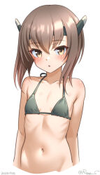  bikini brown_eyes brown_hair female flat_chest grey_bikini headgear kantai_collection looking_at_viewer navel one-hour_drawing_challenge ray.s short_hair short_hair_with_long_locks simple_background solo swimsuit taihou_(kancolle) upper_body white_background 