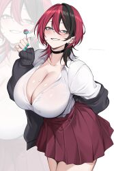  absurdres black_hair black_jacket blue_nails blush boots breasts cleavage collared_shirt demon_girl earrings elbow_gloves female gloves hair_between_eyes head_wings heart heart_earrings highres huge_breasts hz_(666v) jacket jewelry long_sleeves looking_at_viewer multicolored_hair open_clothes open_jacket original pleated_skirt red_eyes red_hair red_skirt school_uniform shirt single_earring skirt smile solo sweater_jacket thighs twitter_username two-tone_hair white_background white_shirt wings wolf_cut zoom_layer 