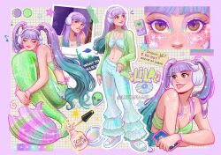  aqua_hair blue_bra blue_pants bra brown_eyes cd cellphone character_name closed_eyes english_text female gradient_hair green_bra green_jacket holding holding_phone jacket lila_(luztapiaart) long_hair looking_to_the_side luztapiaart mermaid monster_girl multicolored_hair multiple_views open_clothes open_jacket original pants phone purple_hair shoes smartphone standing twintails two-tone_hair underwear white_shoes 
