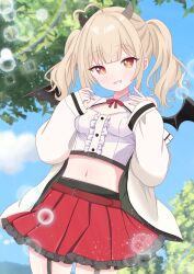  absurdres ahoge black_wings blonde_hair blue_sky blunt_bangs center_frills crop_top demon_girl demon_horns demon_wings female frills garter_belt garter_straps grin hiduki_kanon highres hiiragisensei horns indie_virtual_youtuber jacket midriff navel open_clothes open_jacket red_skirt skirt sky smile standing symbol-shaped_pupils tree twintails virtual_youtuber white_jacket wide_sleeves wings 