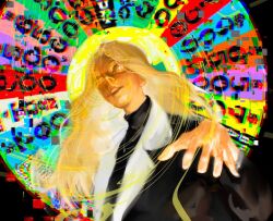 anna_croft black_shirt black_suit blonde_hair collar distortion female gambling glitch glowing glowing_eyes hair_flowing_over jewelry long_hair macaronijail necklace omniscient_reader&#039;s_viewpoint open_mouth reaching reaching_towards_viewer shirt solo suit sun_behind_head teeth upper_body upper_teeth_only wheel_of_fortune_(game_show) white_collar wide-eyed yellow_eyes 
