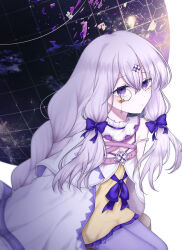  arcaea bare_shoulders bdlawk bow braid collar cowboy_shot dress expressionless female hair_between_eyes hair_ornament highres jacket lagrange_(arcaea) long_hair monocle purple_bow purple_eyes purple_hair sidelocks single_braid solo twintails white_jacket yellow_dress 