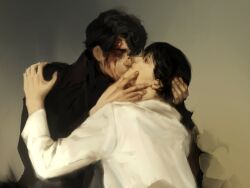  2boys black_coat black_eyes black_hair blood blood_from_eyes blood_from_forehead blood_on_face closed_eyes coat grabbing_another&#039;s_head hand_on_another&#039;s_shoulder hug kim_dokja kissing looking_at_another macaronijail male_focus multiple_boys omniscient_reader&#039;s_viewpoint painterly popped_collar sepia short_hair upper_body white_coat yaoi yoo_joonghyuk 