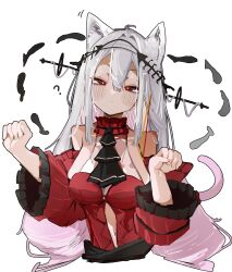  :/ absurdres animal_ears arknights ascot bare_shoulders black_ascot blush_stickers breasts bright_pupils cat_ears clothing_cutout cropped_torso detached_sleeves dot_nose dress female fish_skeleton frilled_sleeves frills hair_between_eyes hair_intakes hands_up highres kemonomimi_mode long_hair looking_at_viewer medium_breasts navel navel_cutout no_gloves no_headwear official_alternate_costume paw_pose red_dress red_eyes simple_background skadi_(arknights) skadi_the_corrupting_heart_(arknights) solo stomach_cutout taiiiyakiii translation_request upper_body white_background white_hair white_pupils 