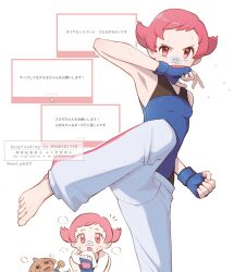  @_@ armpits bandaid bandaid_on_face bandaid_on_nose bare_shoulders barefoot blue_bodysuit blue_gloves blush bodysuit bodysuit_under_clothes breasts clenched_hand eyelashes female fingerless_gloves flying_sweatdrops gloves half-closed_eye hand_up highres hitmontop leg_up looking_at_viewer marshmallow_(site) maylene_(pokemon) multiple_views noi_(noi_pk27) notice_lines open_mouth pants pink_eyes pink_hair pokemon pokemon_(creature) pokemon_dppt shirt short_hair simple_background sleeveless small_breasts spiral-only_eyes standing standing_on_one_leg sweat sweatdrop toes twitter_username watermark white_background 