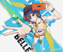  belle_(summer_skies)_(zenless_zone_zero) belle_(zenless_zone_zero) bikini bikini_under_clothes bikini_under_shorts black_nails blue_hair breasts bucket_hat cleavage crossed_bangs earrings female full_body green_eyes hat highres holding holding_phone jewelry navel off-shoulder_shirt off_shoulder official_alternate_costume okutogi orange_bikini orange_shorts phone see-through_clothes see-through_shirt shirt short_shorts shorts smile swimsuit tied_shirt w white_shirt zenless_zone_zero 