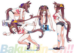  alternate_costume animal_ears arched_back ass asymmetrical_footwear bandaid bandaid_on_leg bare_legs bare_shoulders black_buruma black_shoes bow brown_hair buruma closed_eyes english_commentary female gold_hairband hair_between_eyes hair_over_one_eye hairband hairbow horse_ears horse_girl horse_tail long_hair looking_at_viewer midriff multiple_views navel pink_eyes ponytail race_bib red_sports_bra running sakura_bakushin_o_(umamusume) sarcophage shoes sidelocks sleeveless sneakers sports_bra sportswear squatting starting_block sweat sweatdrop tail two-tone_sports_bra umamusume white_shoes white_sports_bra 