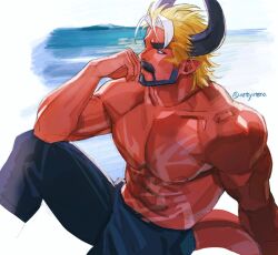  1boy abs another_eidos-r artist_name bara beard black_shirt blonde_hair closed_mouth colored_skin commentary_request demon_horns demon_tail facial_hair highres horns korean_commentary looking_to_the_side lucifer_(another_eidos) male_focus muscular muscular_male nipples ocean pectorals pointy_ears red_skin shirt tail topless_male wasp_(anthyutena) 