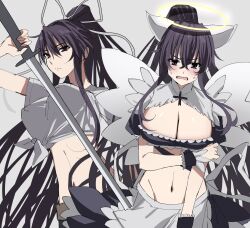  angel_wings blush breasts cleavage elbow_gloves embarrassed fake_wings fallen_angel_ero_maid_costume female gloves glowing glowing_halo grey_background hair_between_eyes hair_ribbon halo highres holding holding_sword holding_weapon kanzaki_kaori kasukasugom1 large_breasts long_hair maid midriff navel ootachi ponytail purple_eyes ribbon shichiten_shichitou shirt sword tied_shirt toaru_majutsu_no_index unconventional_maid very_long_hair weapon white_shirt wings yellow_halo 