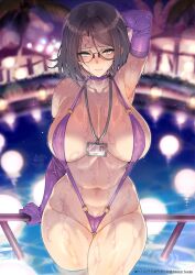  arm_behind_head arm_support arm_up armpits ass_visible_through_thighs black_hair blue_eyes blurry blurry_background blush breasts breasts_apart choker closed_mouth collarbone commentary_request cowboy_shot elbow_gloves female glasses gloves groin hair_between_eyes halterneck highres id_card lanyard large_breasts looking_at_viewer mole mole_on_thigh mole_under_mouth multiple_moles navel original purple_choker purple_gloves purple_slingshot_swimsuit short_hair slingshot_swimsuit solo straight-on swimsuit wakura_(gcdan) water_drop wet 