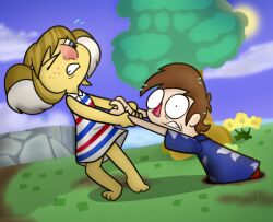  2019 3_toes 4_fingers alice_(animal_crossing) animal_crossing anthro barefoot big_nose black_eyes blonde_hair blue_clothing blue_eyes blue_shirt blue_sky blue_stripes blue_t-shirt blue_topwear bottomwear clenched_teeth clothed clothed_anthro clothed_female clothed_human clothed_male clothing cloud colored cookieboy011 day digital_drawing_(artwork) digital_media_(artwork) dress duo english_description feet female female_anthro fingers floral_shirt flower fluffy_ears freckled_face freckles fully_clothed fully_clothed_human fully_clothed_male fur grass hair holding_wrist human koala light lighting looking_at_viewer male male_human mammal marsupial multicolored_clothing multicolored_dress nintendo one_eye_closed outside pattern_clothing pattern_dress pink_freckles pink_nose plant pulling_another red_bottomwear red_clothing red_nose red_stripes shaded shirt short_hair sky stone_wall story story_in_description striped_clothing striped_dress stripes stuck_in_hole sun t-shirt tan_body tan_skin teeth toes topwear tree triangle_nose villager_(animal_crossing) vombatiform wall_(structure) white_clothing white_dress white_inner_ear wide_eyed yellow_body yellow_flower yellow_fur 
