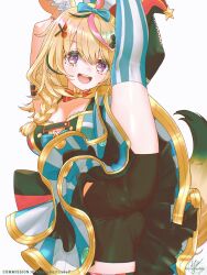  :d absurdres ahoge animal_ear_fluff animal_ears anversailles arm_strap armpits asymmetrical_legwear bike_shorts bike_shorts_under_skirt black_hair black_shorts blonde_hair blue_bow blue_skirt blue_thighhighs bow bowtie braid breasts cleavage commentary commission double-parted_bangs english_commentary facial_mark female fox_ears fox_girl fox_tail hair_between_eyes hair_ornament hair_over_shoulder hairbow hairclip hat heart heart-shaped_pupils highres holding_own_leg hololive jester_cap layered_skirt leg_lift long_hair looking_at_viewer mark_under_eye miniskirt mismatched_legwear multicolored_hair omaru_polka omaru_polka_(1st_costume) open_mouth pink_hair pink_thighhighs purple_eyes red_bow red_bowtie shirt shorts side_braid simple_background single_braid skirt sleeveless sleeveless_shirt smile solo split standing standing_on_one_leg standing_split streaked_hair striped_clothes striped_skirt striped_thighhighs symbol-shaped_pupils tail teeth thighhighs tilted_headwear traditional_bowtie upper_teeth_only variant_set vertical-striped_clothes vertical-striped_skirt vertical-striped_thighhighs virtual_youtuber white_background x_hair_ornament 