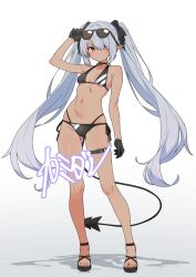  belt bikini black_bikini black_gloves black_tail blue_archive blush breasts dark-skinned_female dark_skin demon_tail eyewear_on_head female full_body gloves gradient_background grey_background grey_hair highres iori_(blue_archive) iori_(swimsuit)_(blue_archive) kamidan long_hair looking_at_viewer medium_breasts navel official_alternate_costume red_eyes sandals shadow solo standing stomach sunglasses swimsuit tail thigh_belt thigh_strap toes twintails very_long_hair white_background 