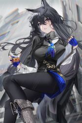  absurdres alcohol animal_ears arknights black_hair black_jacket black_nails black_pantyhose black_vest blue_gloves blue_necktie blue_shorts blush breasts chromatic_aberration cup feet_out_of_frame female fingerless_gloves gloves gradient_eyes highres holding holding_cup jacket long_hair long_sleeves looking_at_viewer mo_awanai multicolored_eyes necktie pantyhose pantyhose_under_shorts parted_lips shirt shorts solo texas_(arknights) texas_the_omertosa_(arknights) vest white_shirt wolf_ears 