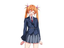  :d ^_^ blazer blue_jacket blush buttons clenched_hands closed_eyes cowboy_shot facing_viewer female game_cg gentle_sasaki grey_skirt hair_ribbon happy jacket large_variant_set long_hair long_sleeves necktie non-web_source official_art open_mouth orange_hair pink_ribbon pleated_skirt pocket red_necktie ribbon school_uniform shindou_hikari shirt skirt smile solo soukou_senki_prism_reica soukou_senki_prism_shine standing transparent_background twintails variant_set 