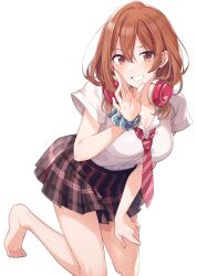  absurdres bare_legs barefoot blue_scrunchie blush breasts brown_eyes brown_hair collared_shirt commentary_request cover cover_image cover_page double-parted_bangs female grin hair_between_eyes hand_on_own_thigh hand_up headphones headphones_around_neck highres kneeling kohinata_iroha_(imouuzai) leaning_forward looking_at_viewer medium_hair miniskirt necktie novel_cover official_art plaid_clothes plaid_skirt pleated_skirt red_necktie school_uniform scrunchie second-party_source shirt short_sleeves sidelocks simple_background skirt smile solo textless_version tomari_(veryberry00) tomodachi_no_imouto_ga_ore_ni_dake_uzai white_background white_shirt wing_collar wrist_scrunchie 